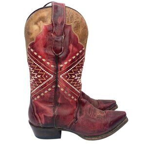 Roper Native Western Burgundy Burnished Leather snip toe Southwestern Boots W 9
